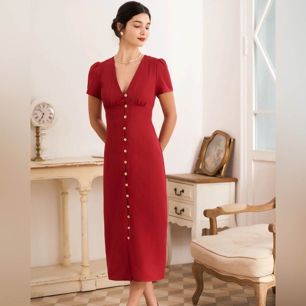 NWT RIHOAS The Red V Neck Shirred Puff Sleeve Midi Dress Sz M - Picture 1 of 10